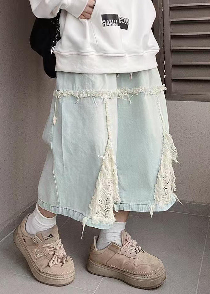 Men Summer Elastic Blue Denim Hole Waist Chic Shorts