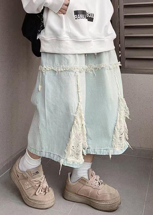 Men Summer Elastic Blue Denim Hole Waist Chic Shorts