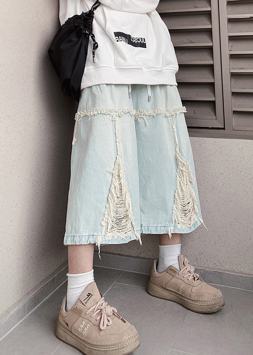 Men Summer Elastic Blue Denim Hole Waist Chic Shorts