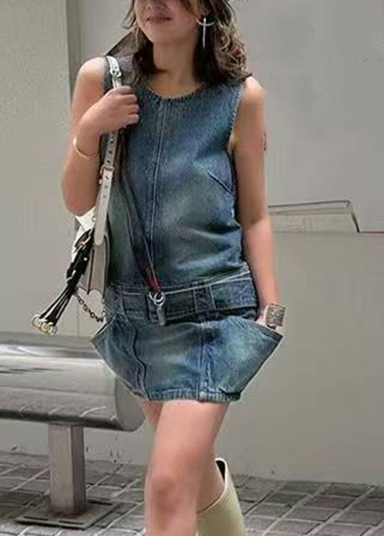 Dress Blue Mid Patchwork Sleeveless Chic Sashes O-Neck Denim