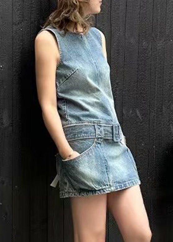 Dress Blue Mid Patchwork Sleeveless Chic Sashes O-Neck Denim