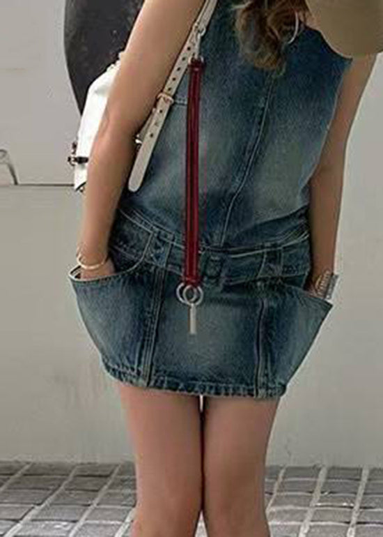 Dress Blue Mid Patchwork Sleeveless Chic Sashes O-Neck Denim