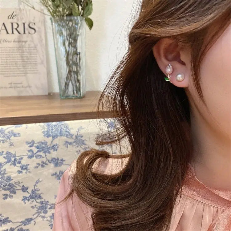 Kawaii Aesthetic Y2K Cute Fairy Chic Enamel Tulip Pearl Earrings MK Kawaii Store