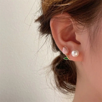 Kawaii Aesthetic Y2K Cute Fairy Chic Enamel Tulip Pearl Earrings MK Kawaii Store