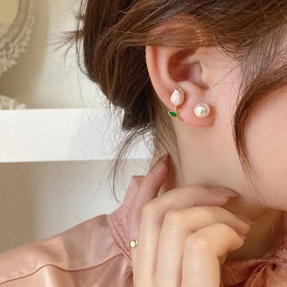 Kawaii Aesthetic Y2K Cute Fairy Chic Enamel Tulip Pearl Earrings MK Kawaii Store