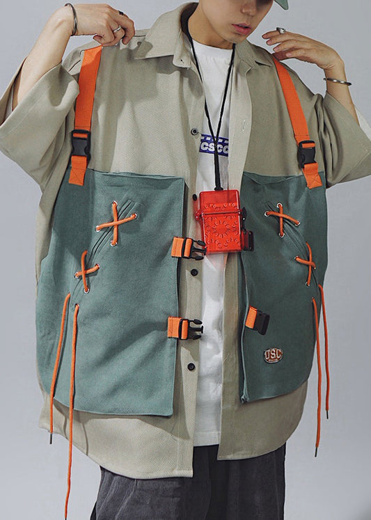 Sleeve Cotton Shirts Chic Up Khaki Lace T Half Patchwork Men