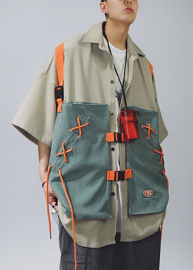 Sleeve Cotton Shirts Chic Up Khaki Lace T Half Patchwork Men