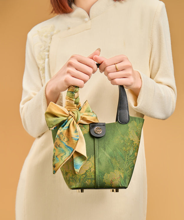 Chinese Silk Tote Print Green Handbag Style Versatile