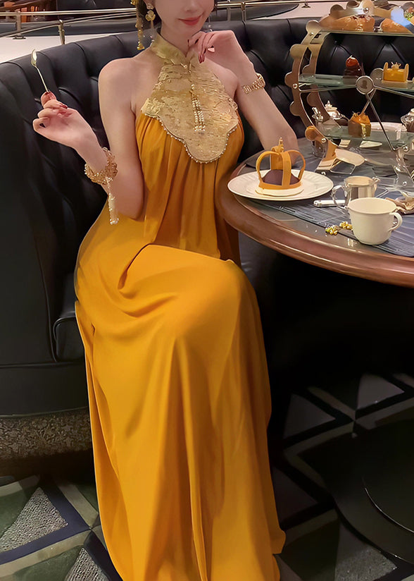 Collar Yellow Dress Chinese Stand Patchwork Long Summer Style