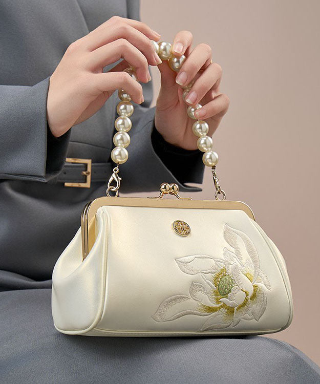 Pearl Embroidered White Chinese Cowhide Handbag Crossbody