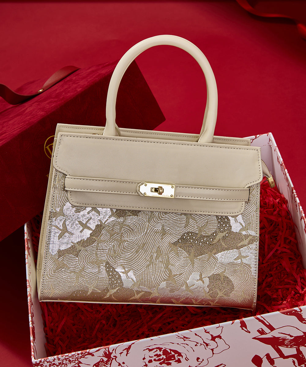 Micro Beige Bag Embroidered Classy Leather Faux