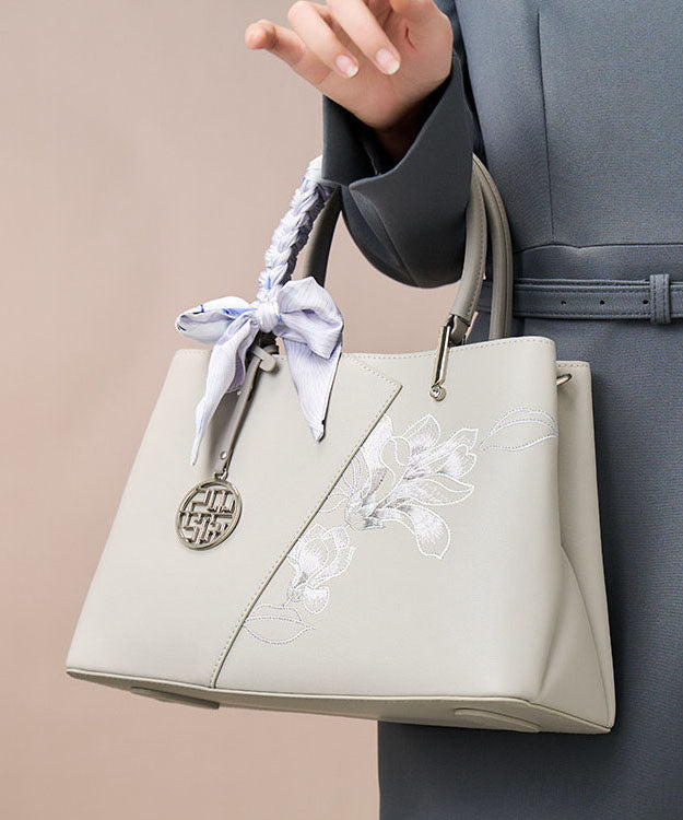 Tote Leather Calf Grey Classy Bag Embroidery
