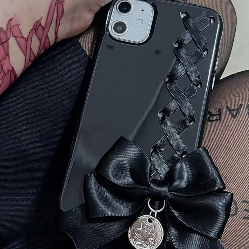 Kawaii Aesthetic Y2K Cute Fairy Coquete Lace Up Bow Black Phone Case ON1497 spreepickyshop