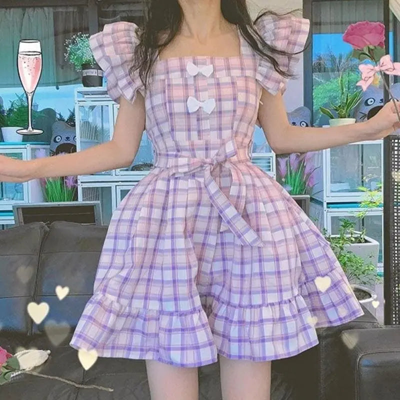 Dolly Kawaii Princess Jfashion Purple Plaid Ruffle Dress