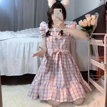 Dolly Kawaii Princess Jfashion Robe à volants à carreaux violet