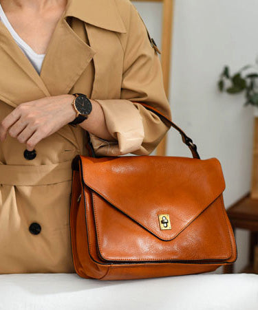 Orange Durable Elegant Solid Tote Leather Handbag