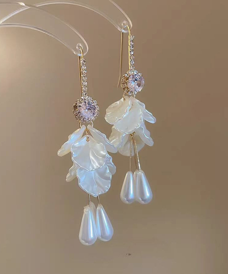 Drop Earrings White Elegant Pearl Copper Shell Acrylic Zircon Tassel