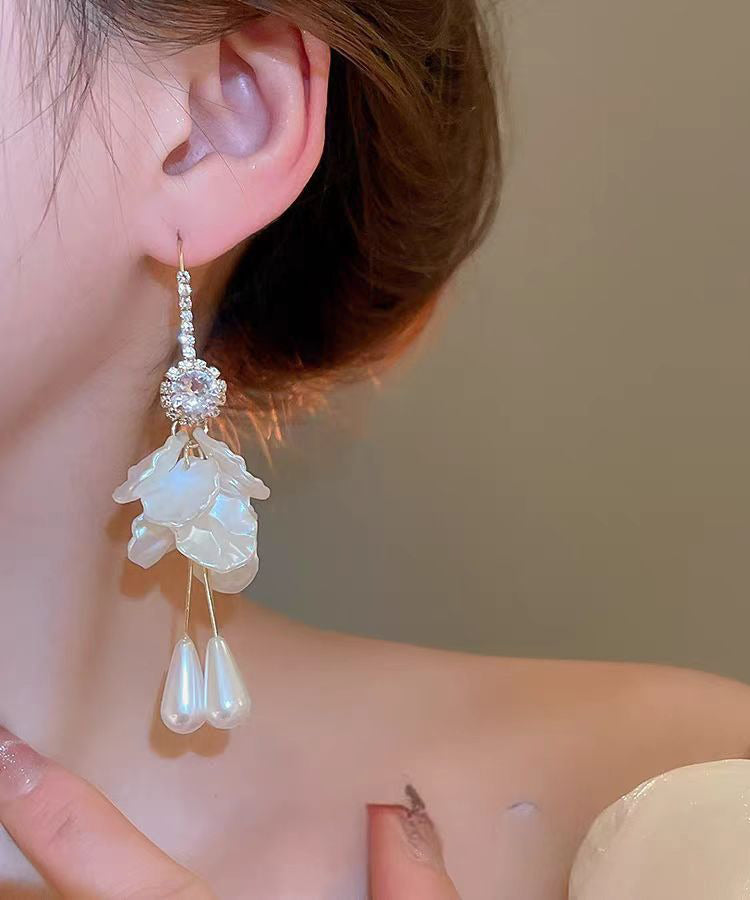 Drop Earrings White Elegant Pearl Copper Shell Acrylic Zircon Tassel