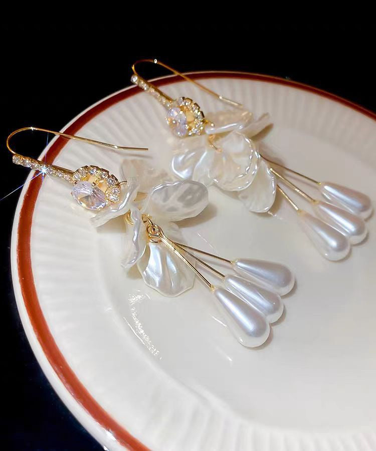 Drop Earrings White Elegant Pearl Copper Shell Acrylic Zircon Tassel