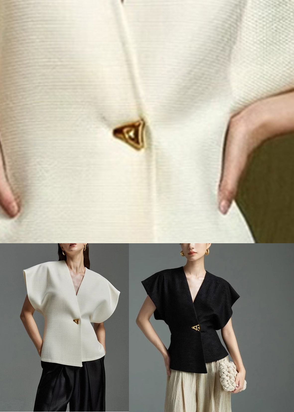 Elegant White Button Neck V Top Summer