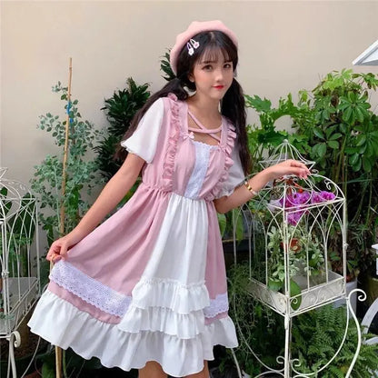 Robe Lolita princesse Kawaii rose à volants Eli Blossom à manches courtes