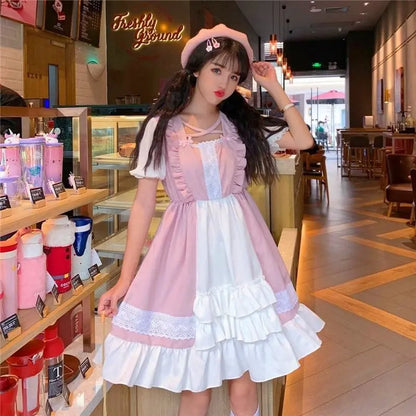 Robe Lolita princesse Kawaii rose à volants Eli Blossom à manches courtes