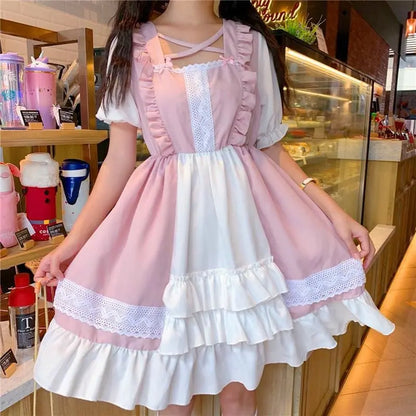 Robe Lolita princesse Kawaii rose à volants Eli Blossom à manches courtes