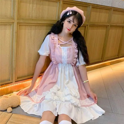 Robe Lolita princesse Kawaii rose à volants Eli Blossom à manches courtes