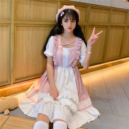 Robe Lolita princesse Kawaii rose à volants Eli Blossom à manches courtes