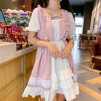 Robe Lolita princesse Kawaii rose à volants Eli Blossom à manches courtes