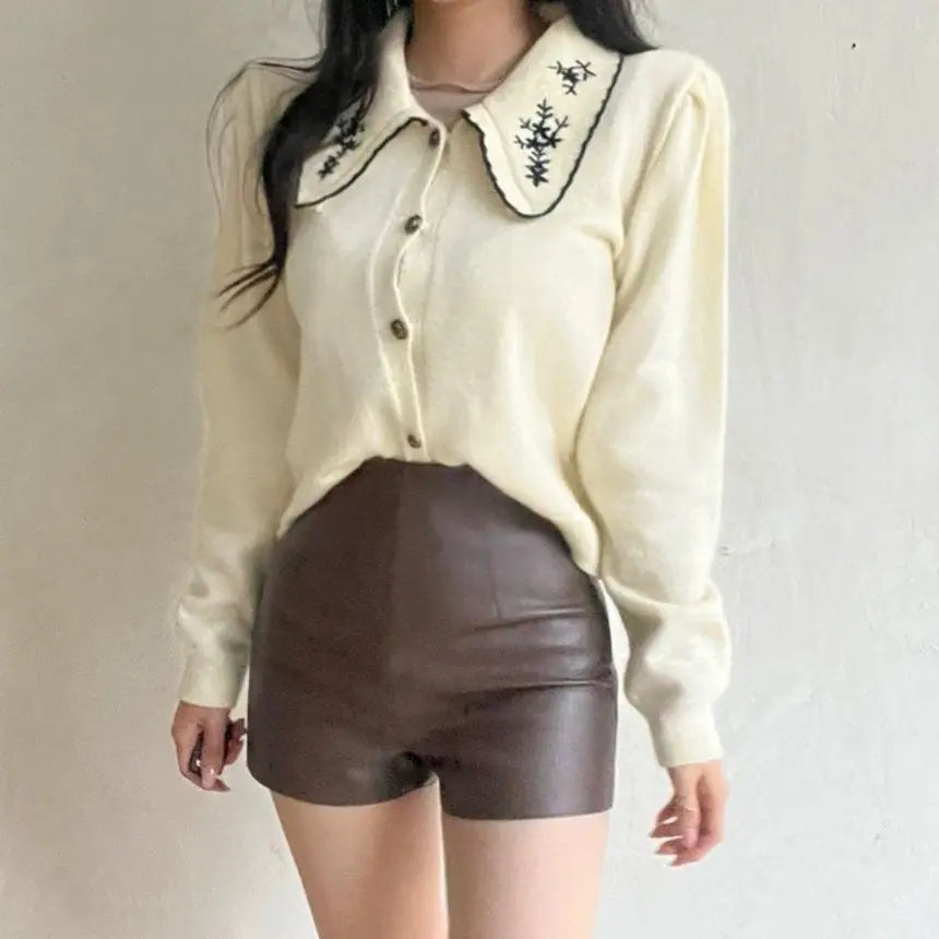 Embroidered Collar Single Breasted Knit Cardigan LT3