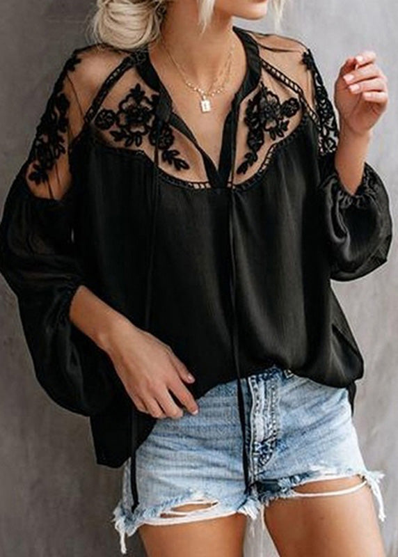 Fashion Floral V Neck Tops Black Lantern Chiffon Sleeve