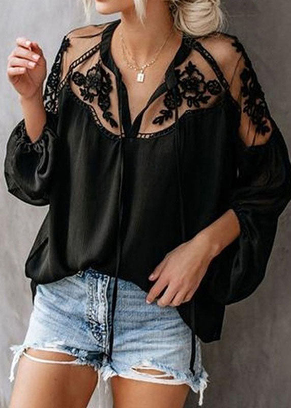 Fashion Floral V Neck Tops Black Lantern Chiffon Sleeve