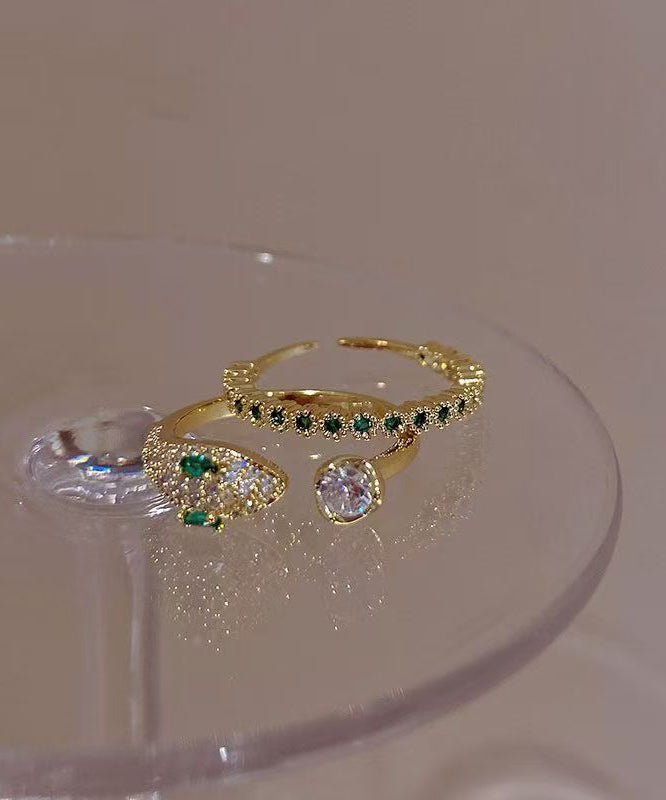 Fashion Overgild Silver Sterling Two-Piece Stone Set Zircon Gem Rings Open Gold