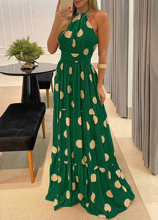 Green Backless Dress Sleeveless Halter Maxi Fashion Print Dot
