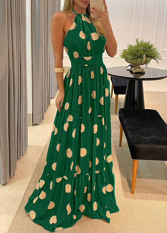 Green Backless Dress Sleeveless Halter Maxi Fashion Print Dot