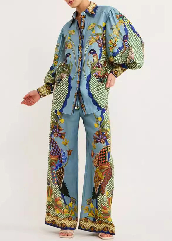 Green Fall Print Set Peter Pieces Pan And Shirts Wide Fashion Collar Pants Two Leg