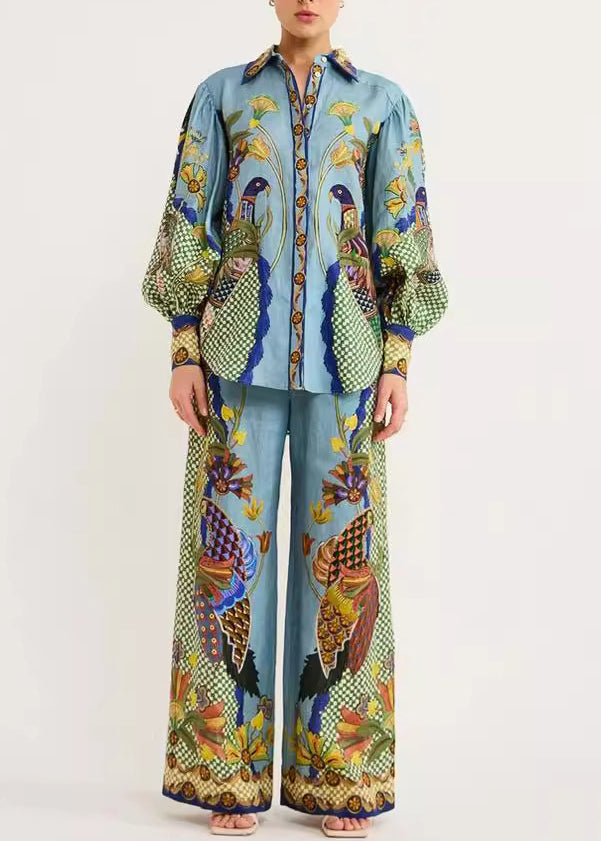 Green Fall Print Set Peter Pieces Pan And Shirts Wide Fashion Collar Pants Two Leg