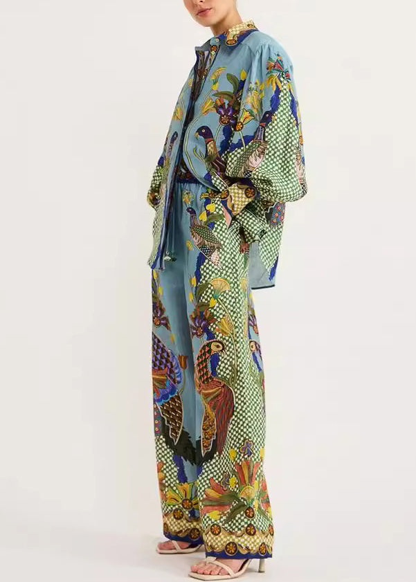 Green Fall Print Set Peter Pieces Pan And Shirts Wide Fashion Collar Pants Two Leg