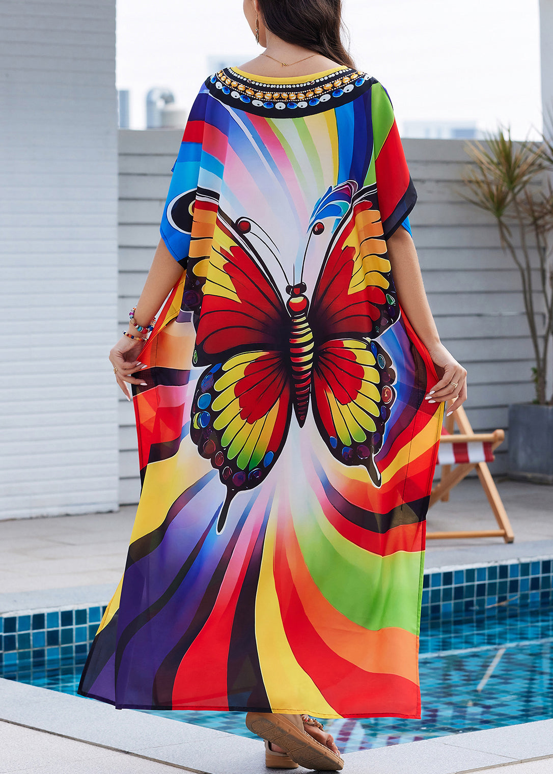 Fashion Rainbow Butterfly Maxi Print Open Dress Side Summer