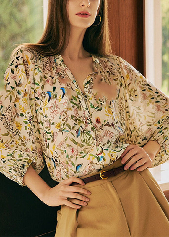 Sleeve V Shirts Fashion Print Neck Lantern