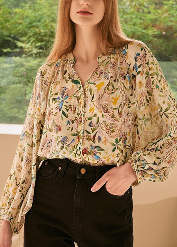 Sleeve V Shirts Fashion Print Neck Lantern