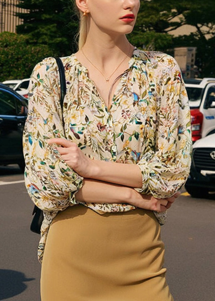 Sleeve V Shirts Fashion Print Neck Lantern