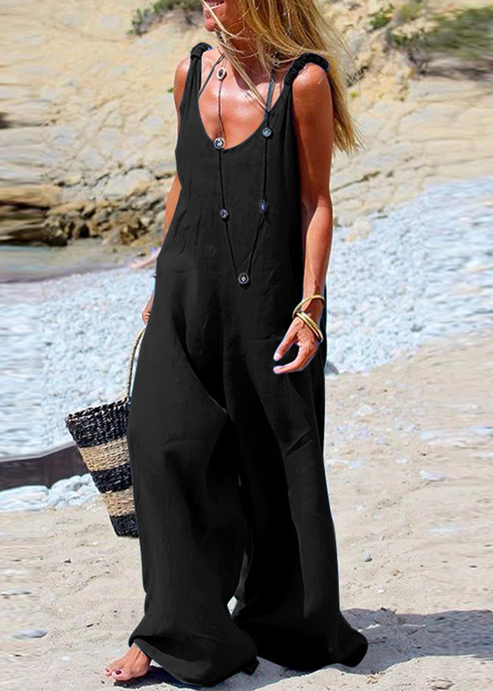 Female Button Sleeveless leg Wide Blue Navy Side Jumpsuit