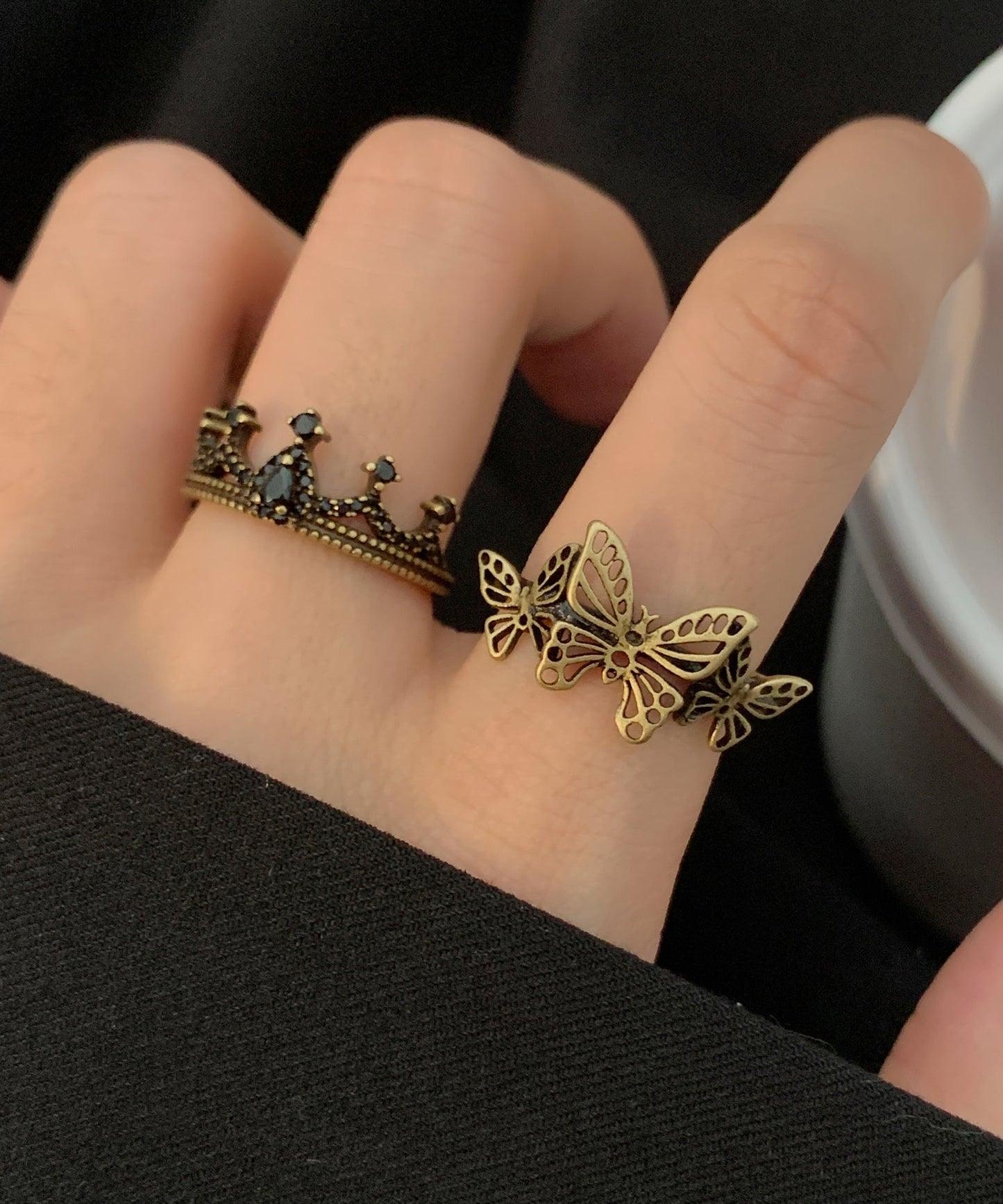 Out Fine Set Two Piece Rings Crown Ancient Gold Hollow Metal Butterfly