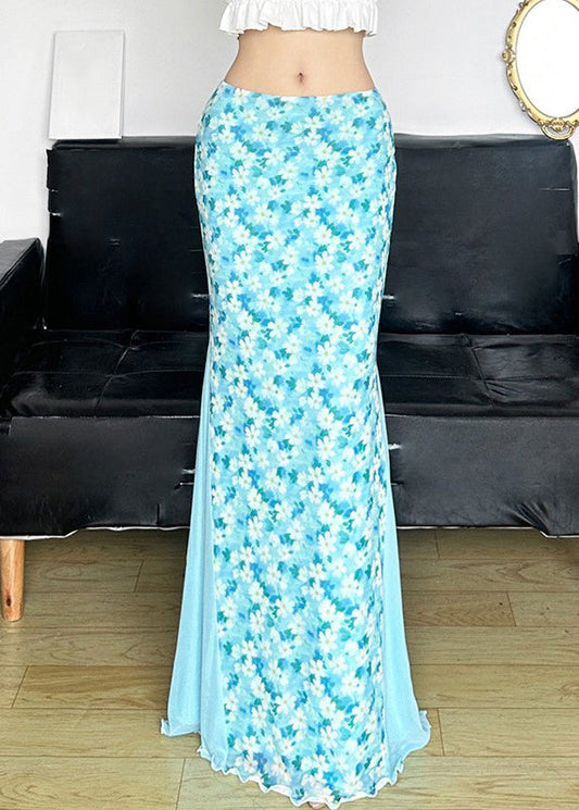 High Skirt Waist Fine Maxi Blue Tulle Summer Patchwork