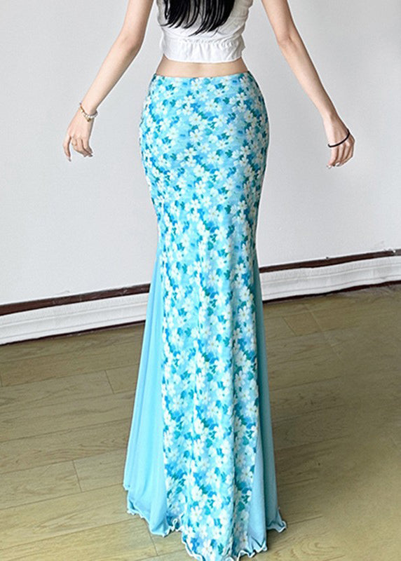 High Skirt Waist Fine Maxi Blue Tulle Summer Patchwork