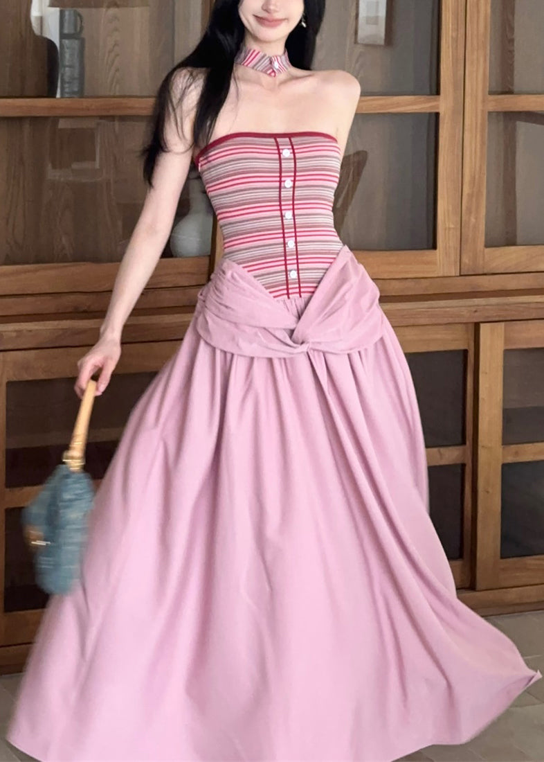 Pink Fine Summer Pieces Fake Long Patchwork Two Striped Dress