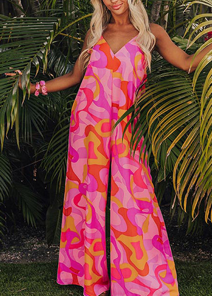 V Print Jumpsuits Pink Fine Neck Pockets Summer
