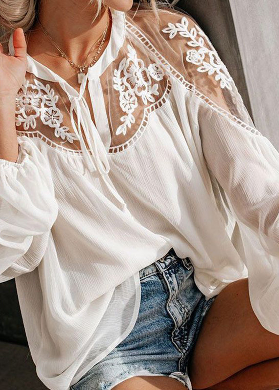 Neck Lace White Fall Shirt Fine Patchwork V